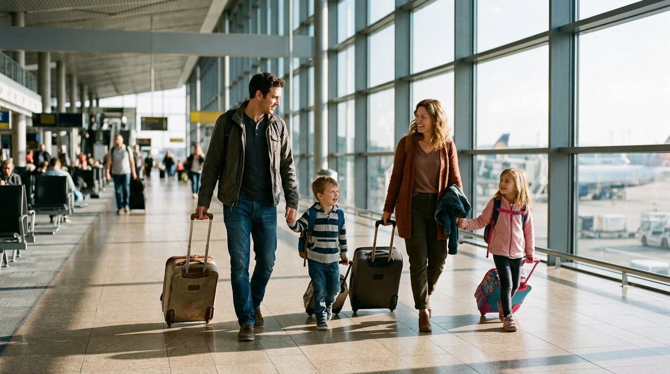 Une famille traverse un terminal d'aéroport avec ses bagages