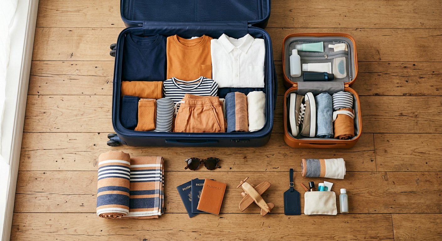 Valises de voyage en famille préparées pour le départ, exemple